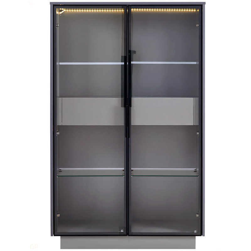 60.6'' Freestanding Glass Door Display Cabinet, Bookcase With 2 Storage Drawers, Pantry With LED Lighting And Adjustable Shelves, For Hallways, Kitchen, Livingroom & Office - Grey