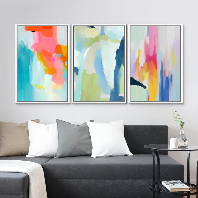 «Colorful Colorful Blue», reproduction sur toile encadrée de 3 pièces, H 36 po x l 24 po x P 1,5 po, Blanc