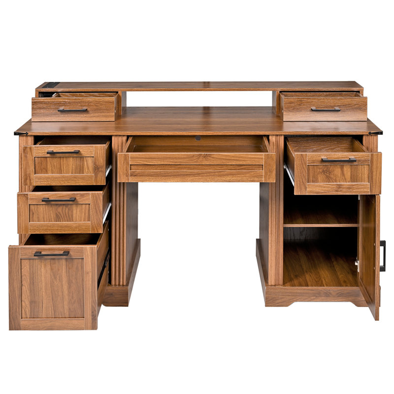 59" Farmhouse Office Desk With  Charging Station & Storage Cabinet, Dark Walnut