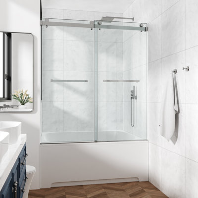 72-77" W X 66" H Frameless Double Sliding Tub Door with 3/8" (10mm) Clear Tempered Glass, Shatter-Resistant Film & Installation Hole Locator