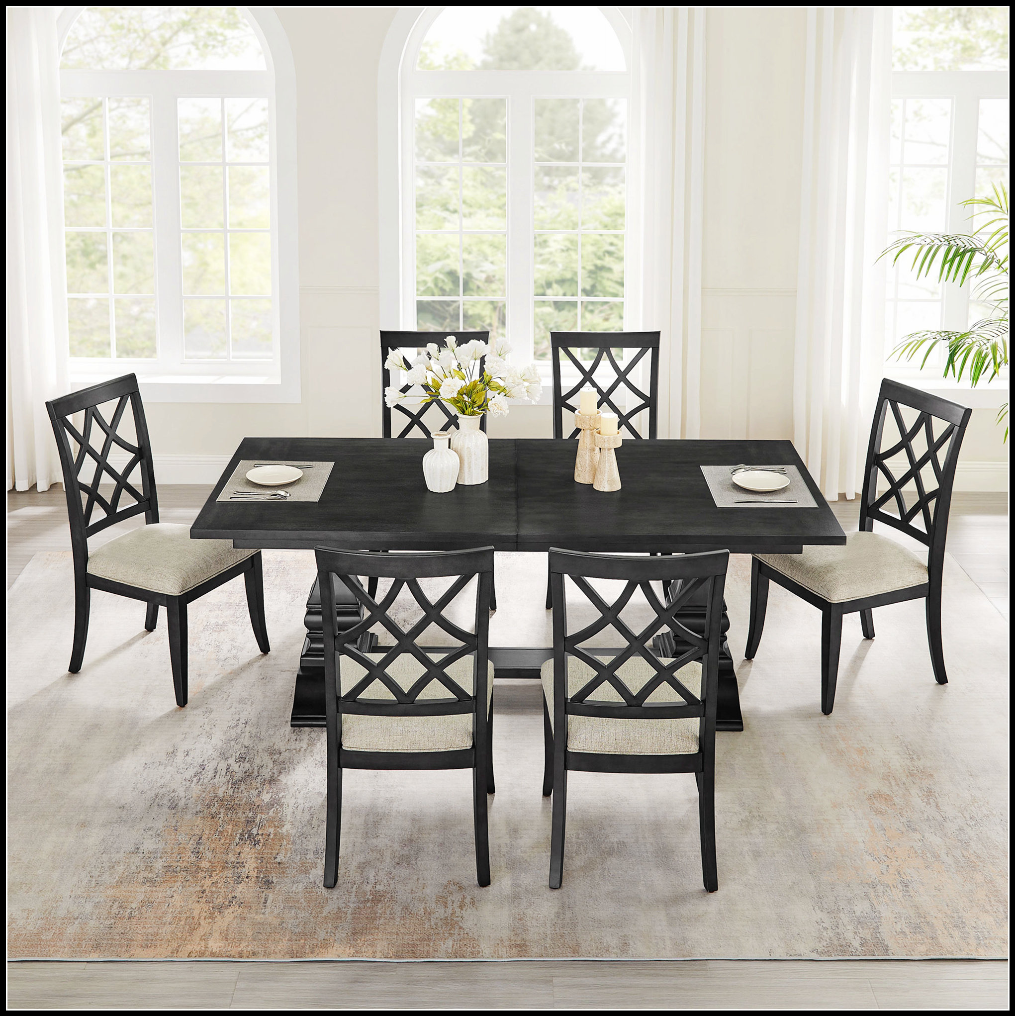 Ivy Bronx (1 Table+6 Chairs) Retro Extendable 7 PCS Wooden Dining Set ...