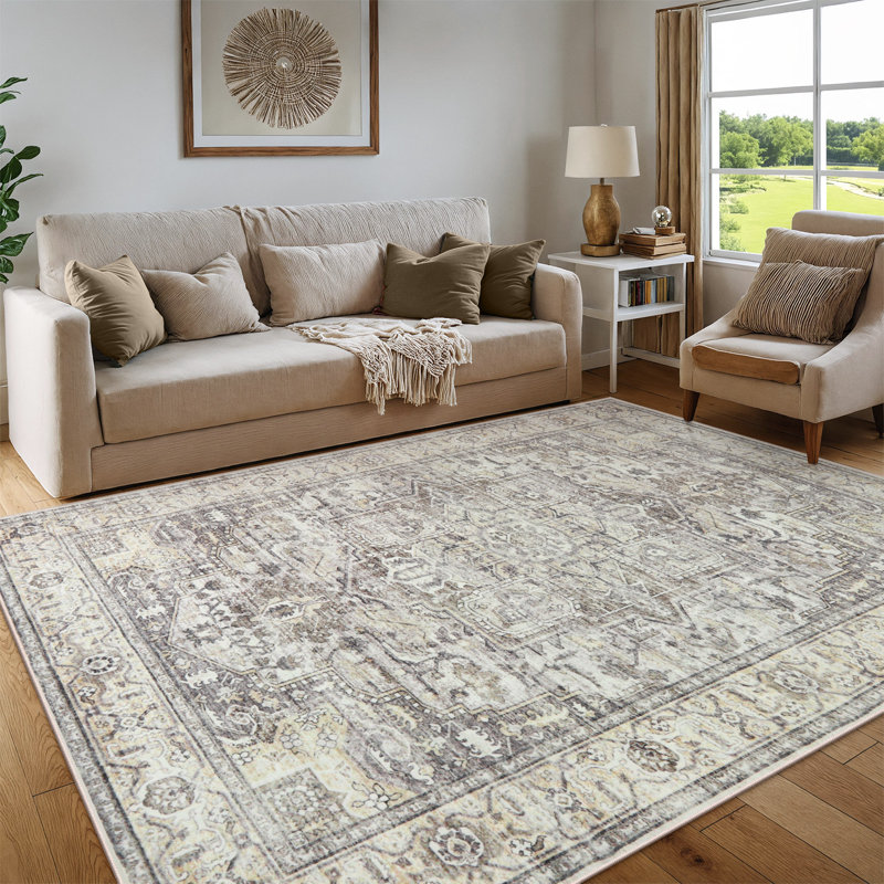 Watte Vintage Moroccan Washable Area Rug, Non-Slip Backing Low Pile Indoor Rug for Living Room, Bedroom, Dining Room or Office