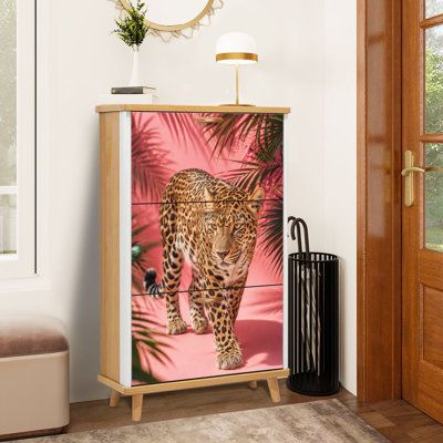 Meuble à chaussures à 3 tiroirs rabattables, motif léopard, décor tropical rose et feuilles de palmier, étagère à chaussures sur pied étroite et discrète, idéale pour entrée, couloir, hall d'entrée, dressing ou petit espace en appartement.