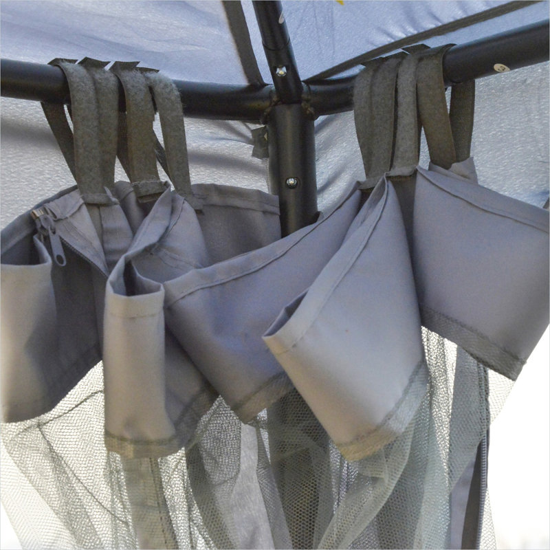 Pavillon de jardin extérieur en polyester Cool Grey avec auvent à 2 niveaux, carré de 9,6 pi, incluant les murs en mailles et la structure en acier