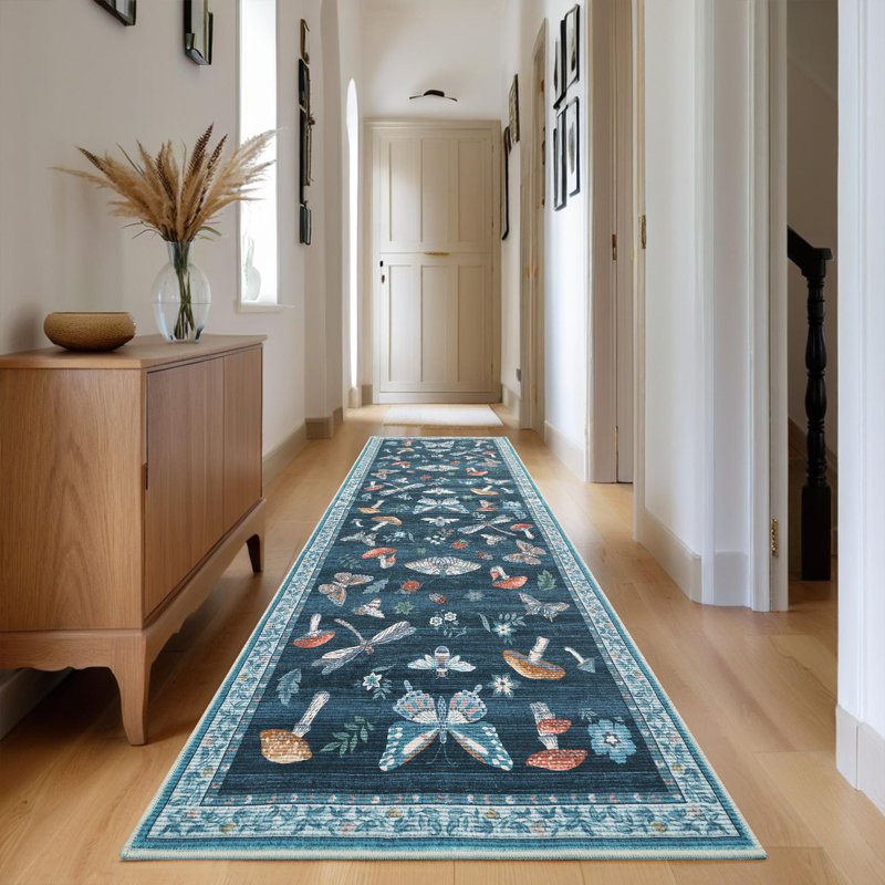 Floral Machine Washable Rug with Non-Slip Backing, Soft Thin Low Pile Non Shedding Floor Carpet, Indoor Foldable Printed Accent Mat for Living Room/Nursery/Bedroom