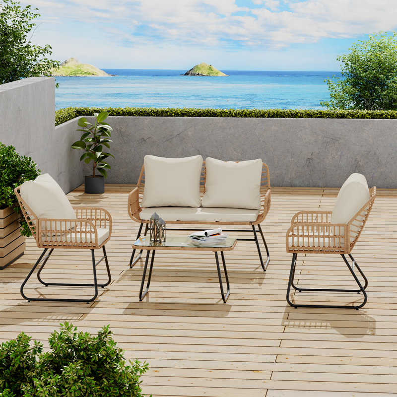 Shemar 4 - Person Outdoor Seating Group with Cushions, Outdoor Conversation Sets, Beige, Natural