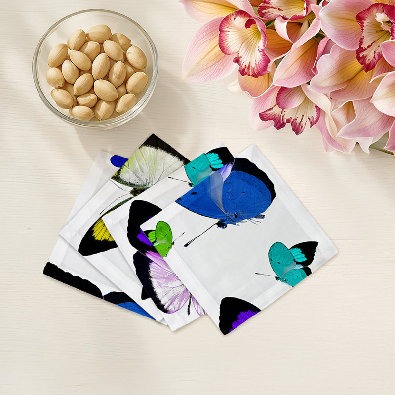 Butterflies Cotton Sateen Cocktail Napkins, Acid Blue
