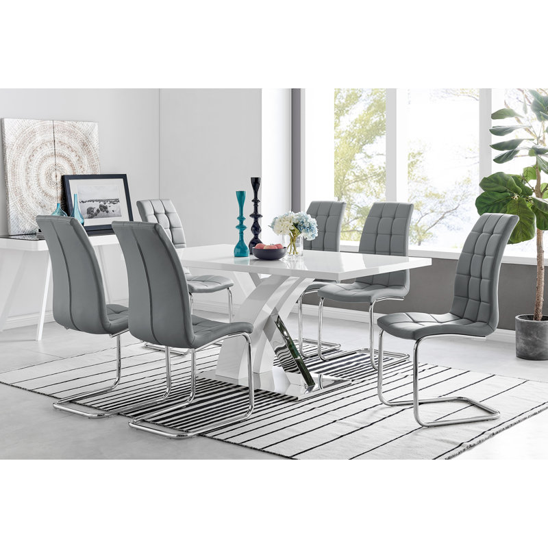 Edzard Chrome & White High Gloss Dining Table Set with 6 Luxury Faux Leather Dining Chairs, Elephant Gray