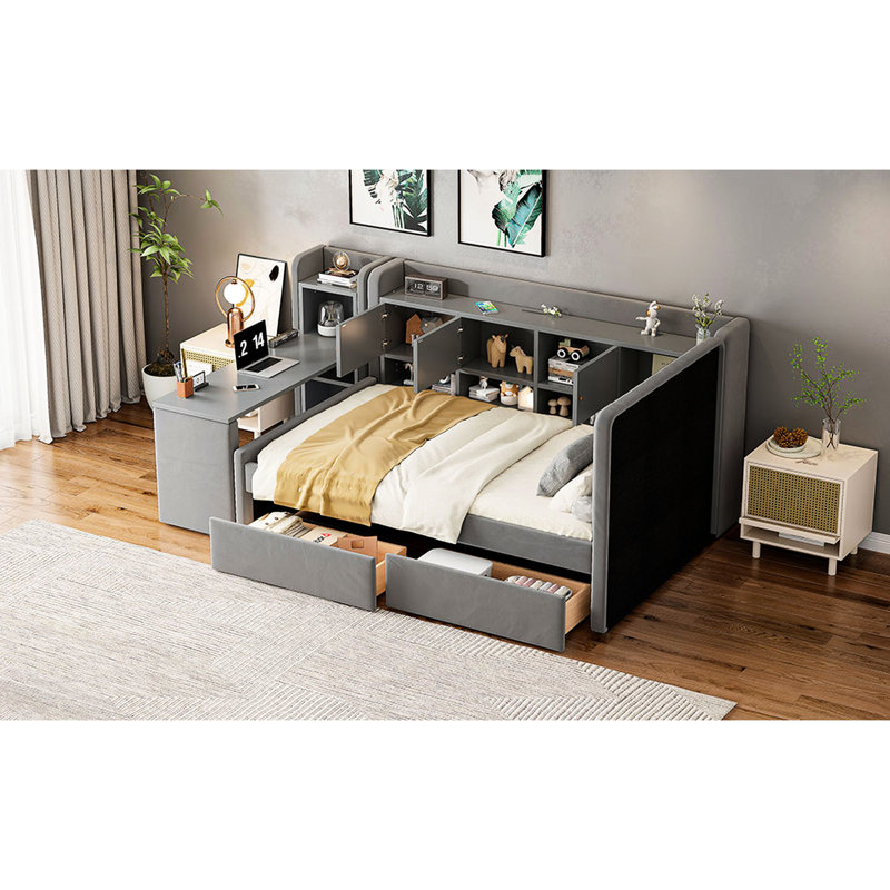 Upholstered Twin Gray Daybed With Under - Bed Drawers, Open Shelves, Flip Top Cabinets & Side Table Space Saving For Small And Elegant Living Rooms Size Featuring Ideal Compact Abundant Storage