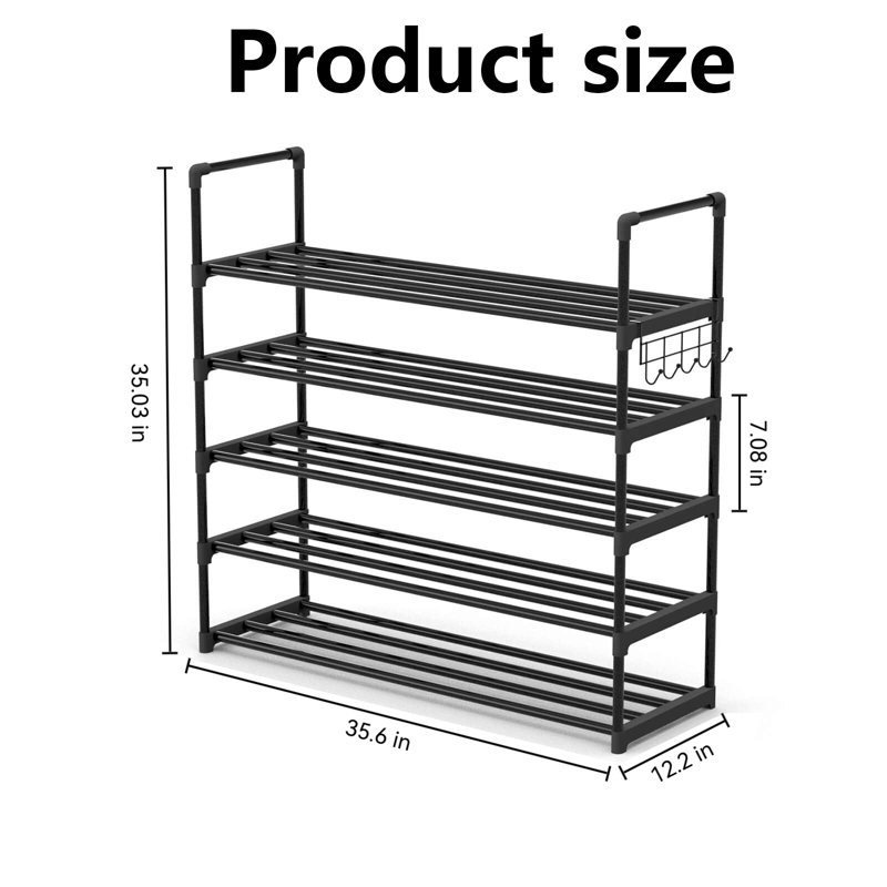 Range-chaussures en métal à 5 couches, range-chaussures réglable avec crochets, coffre à chaussures et rangement pour chaussures d'entrée, couloir, placard, noir