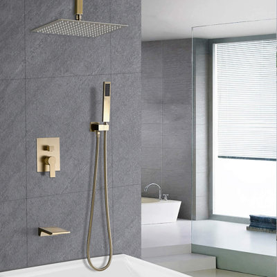 Shower Faucet Set, Shower System Bathroom High Pressure 12 Inches Rainfall Shower Head With Handheld Spray, Wall Mounted Shower Fixtures With Shower Valve And Trim Kit