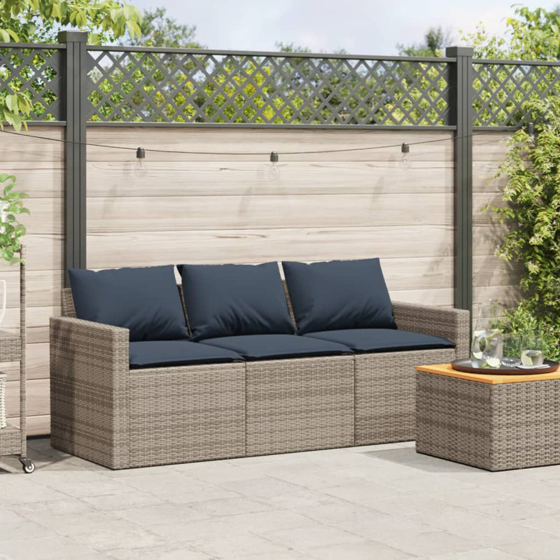 Canapé de patio en rotin 3 places Ebern Designs, Gris, Bleu marine