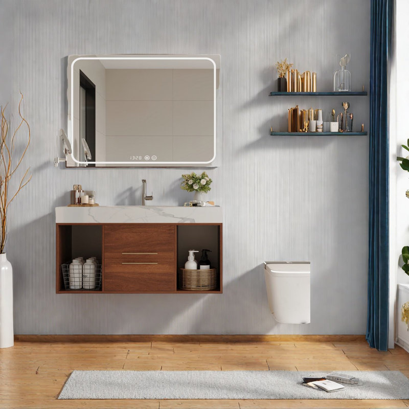 Meuble-lavabo moderne en noyer avec lavabo en céramique, tiroirs à fermeture en douceur