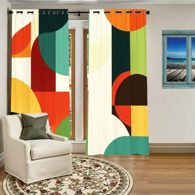 2 pièces rideaux occultants géométriques abstraits, cercles colorés et carrés de rideaux de fenêtre pour le salon, la chambre à coucher, la décoration intérieure