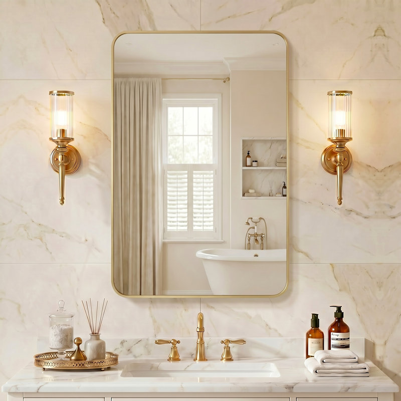 Miroir de salle de bain mural moderne avec coins arrondis Modern, Or, 48 po x 30 po