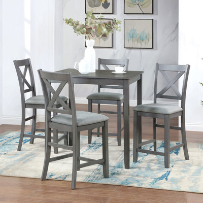 5 Piece Dining Table Set, Wooden Dining Square Table Set For 4, Counter Height Kitchen Table Set With Square Table And 4 Upholstered Chairs For Small