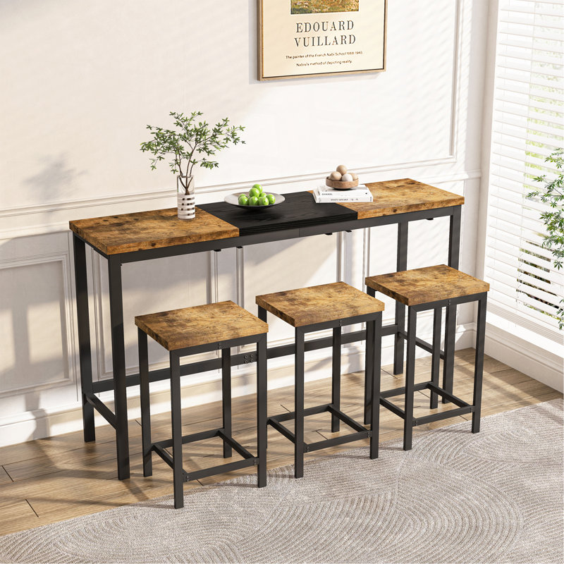 Table de salle à manger de cuisine moderne, table de pub, ensemble de table de salle à manger longue avec 3 tabourets, conception de tabouret suspendu pratique