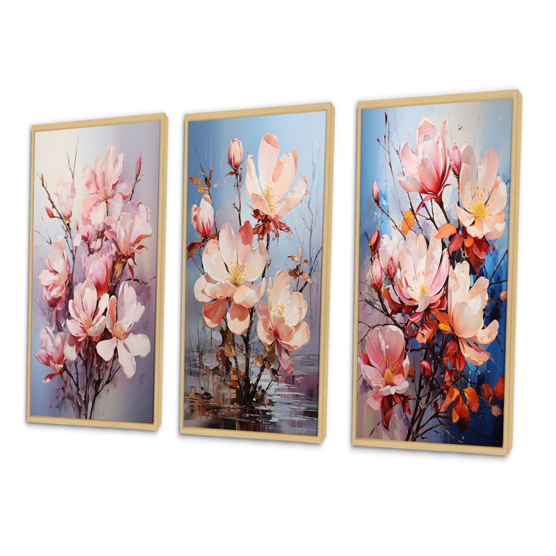 «Pink White Magnolias Romantic Impression», 3 pièces, Cadre naturel flottant, H 40 po x l 60 po