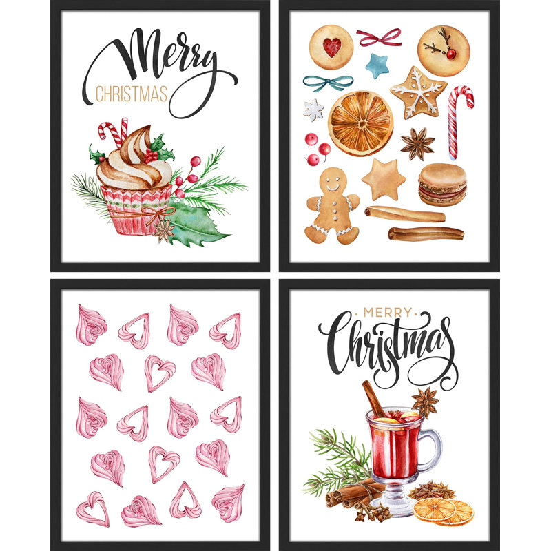 «Eggnog Gingerbread Seasonal Illustration», impression encadrée sur papier, 4 pièces, Blanc, H 16 po x l 12 po