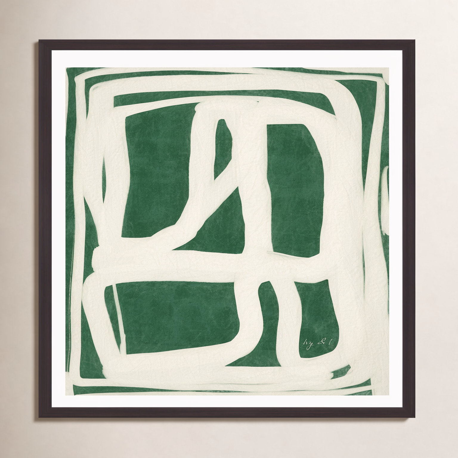 Green White Movement Painting by Ivy and I, 20" H x 20" W x 0.75" D, Espresso Framed Paper, Yes