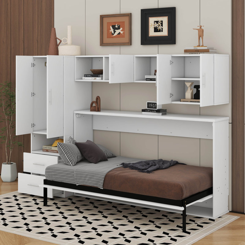 Lit escamotable simple avec tiroirs et tablettes ouvertes, armoire encastrée et table