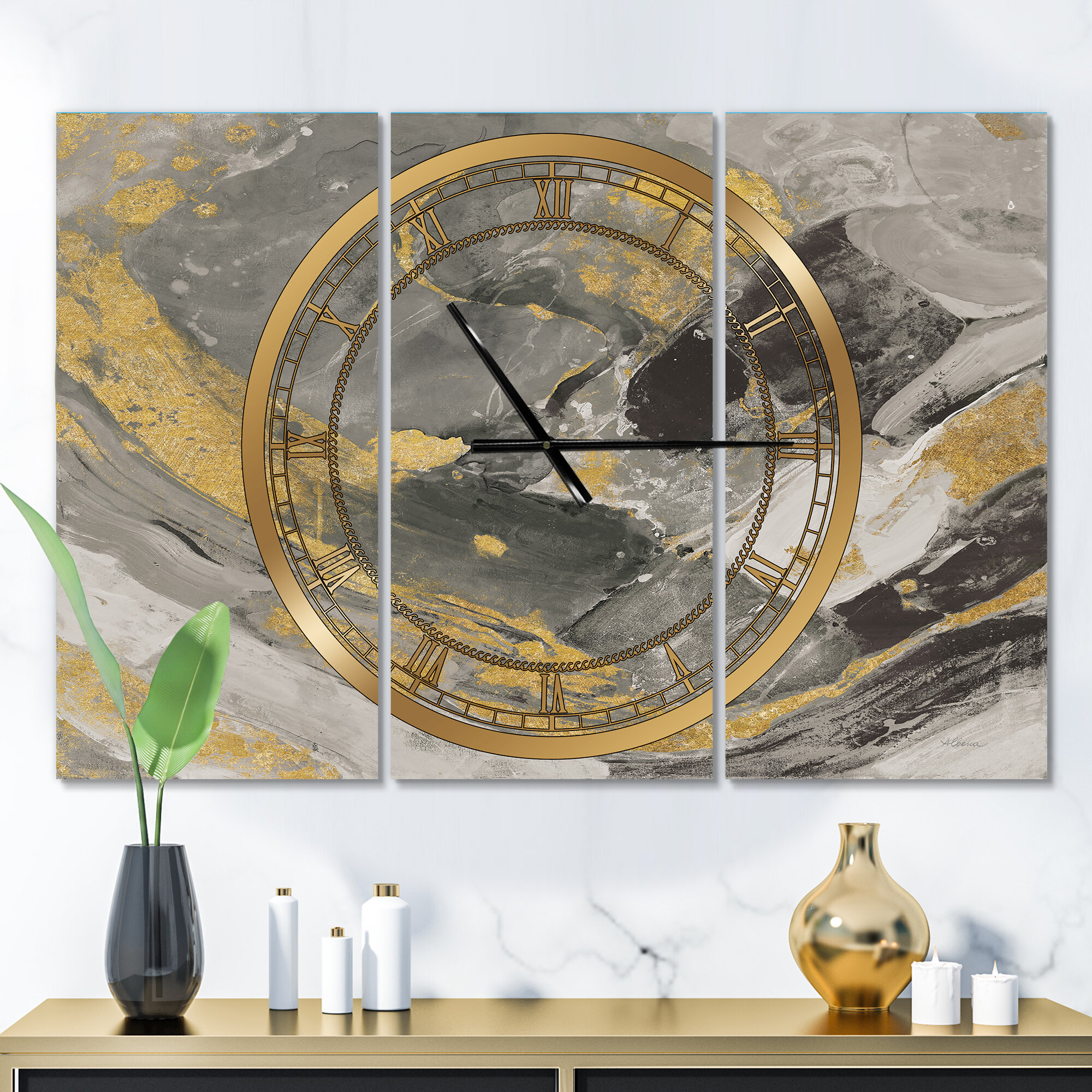 East Urban Home Marble Gold and Black II - Modern wall clock | Wayfair