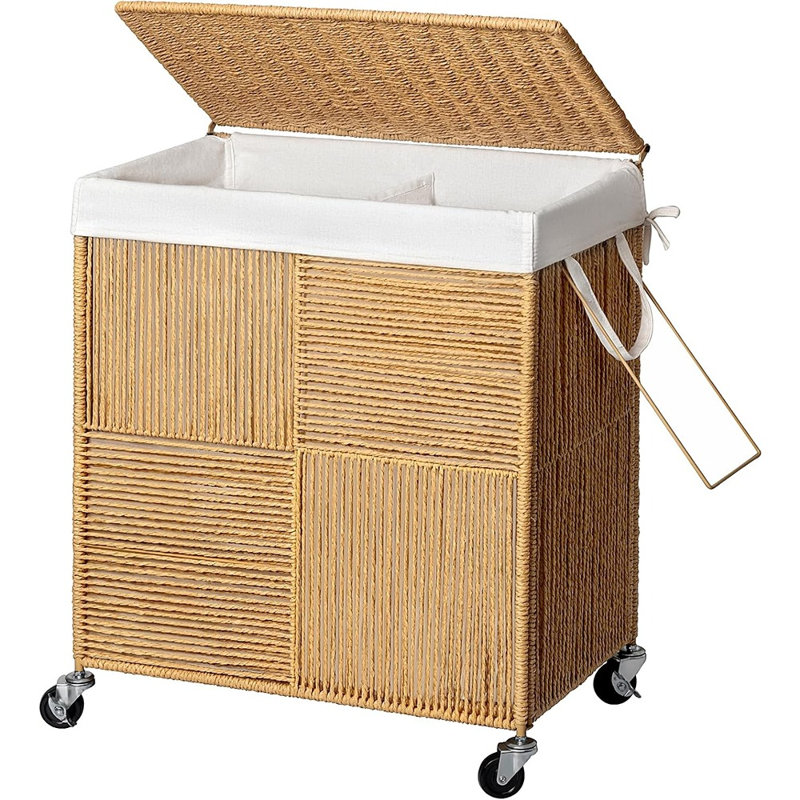 Panier à linge double à roulettes avec couvercle, panier à linge tissé à la main avec roulettes, sac intérieur amovible, trieur à linge grande capacité, naturel