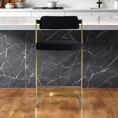 Chaise de bar 26 po en velours noir et doré et acier inoxydable