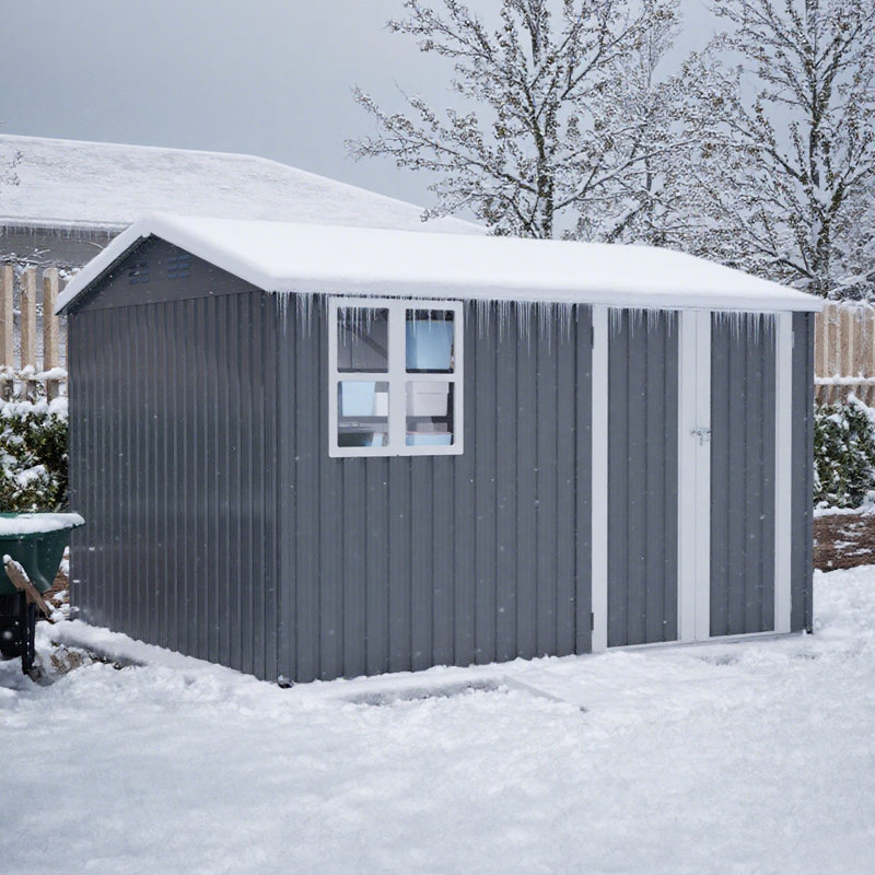 Remise de rangement extérieure en acier 10 x 8 pi avec fenêtre transparente, portes verrouillables, remise à outils en métal résistante aux intempéries pour le jardin, la cour, le patio et le rangement utilitaire, gris