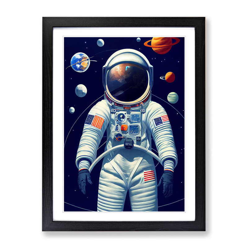 Astronaut With The Planets - Single Picture Frame Print, Black Framed, 64cm H x 46cm W x 2cm D
