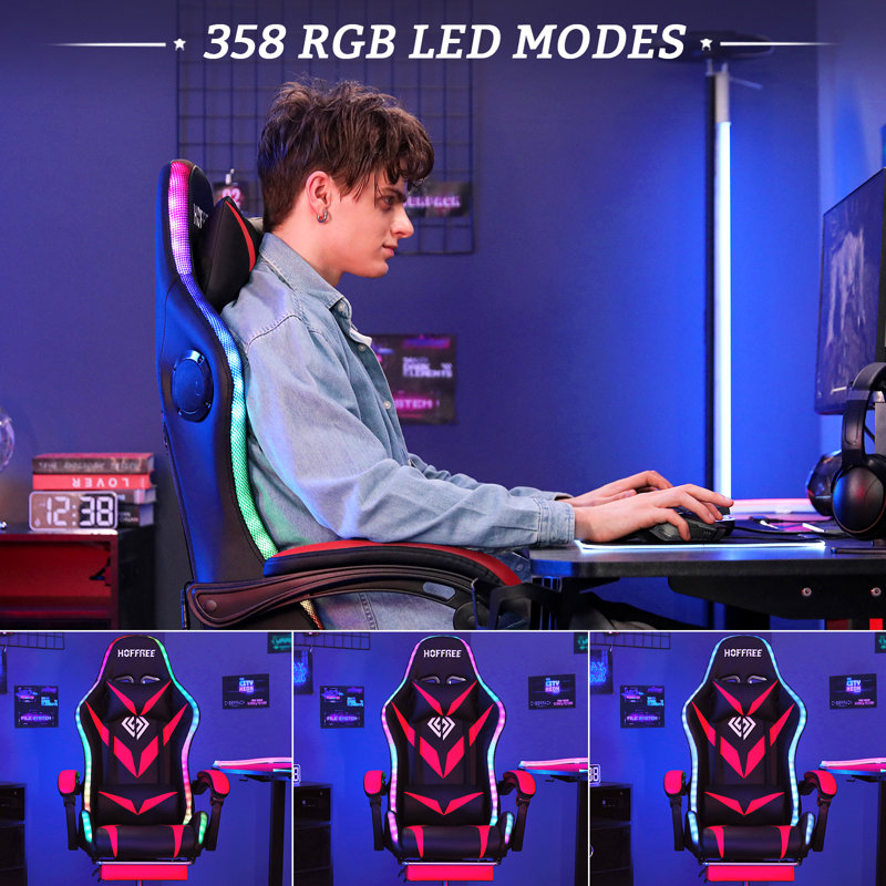 Red and Black Faux Leather Ergonomic Gaming Chair with Bluetooth Speakers and RGB LED Lights