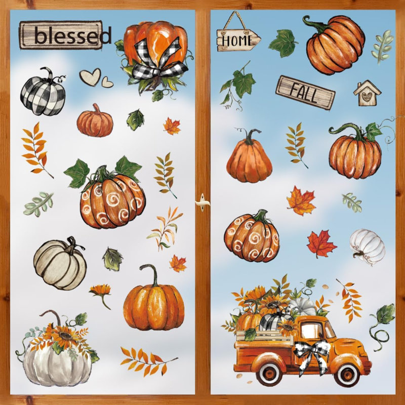 55 pièces d'autocollant d'autocollant de fenêtre d'automne, feuilles d'automne de récolte de citrouille camion de citrouille