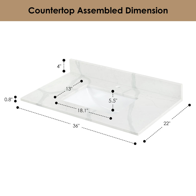 Arbios 36"  Quartz Single Vanity Top with Sink Faucet Holes, Single