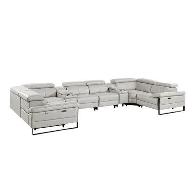 Top Grain Italian Leather 8-Piece U-Shaped Modular Power Reclining Sectional With 2 Power Recliners & Power Headrests