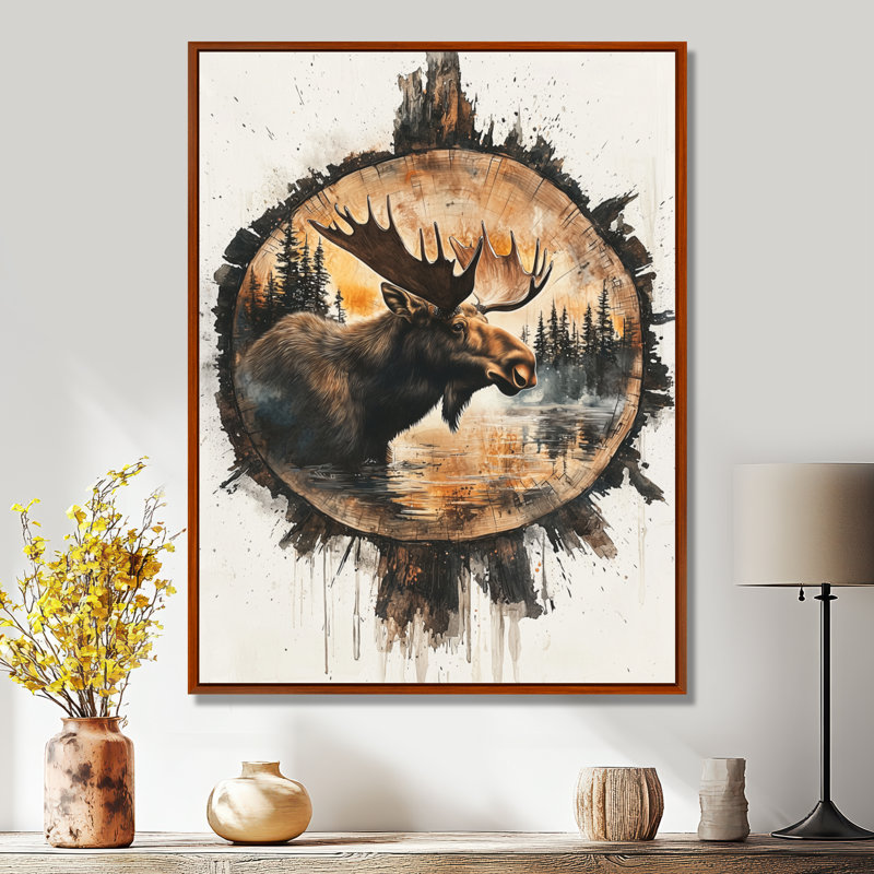 Glinton Canadian Moose Portrait In A Lake Landscape - Moose Canvas Wall Art, Floater Frame Print, Brown, 32" H x 16" W