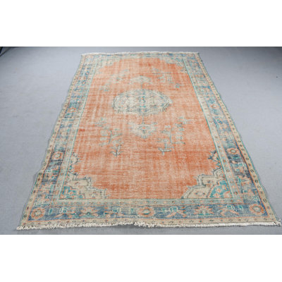 Grand tapis turc rétro orange pour chambre à coucher et salon avec motif anatolien coloré