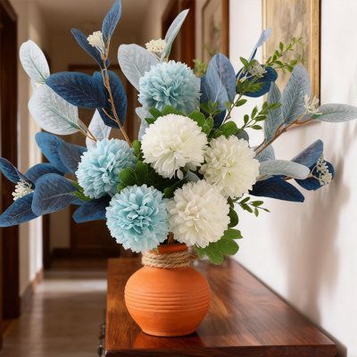 1 Bunch Artificial Chrysanthemum Bouquet, 21 Inch Two Color Simulated Silk Flower Greenery, Home Garden Kitchen Office Table Vase Decorative Flower, White Blue