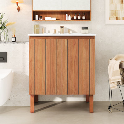 Meuble-lavabo 30 po avec lavabo en céramique, 45 degrés, design minimaliste rétro, meuble-lavabo moderne avec rangement naturel, style, installation facile
