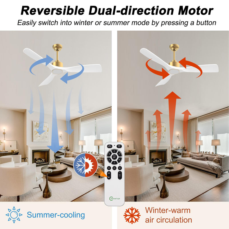 Ventilateur de plafond 52 pouces avec lumières et télécommande, Doré, Blanc