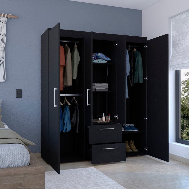 Garde-robe, rangement multi-sections avec tringles de suspension, tablettes et 2 tiroirs