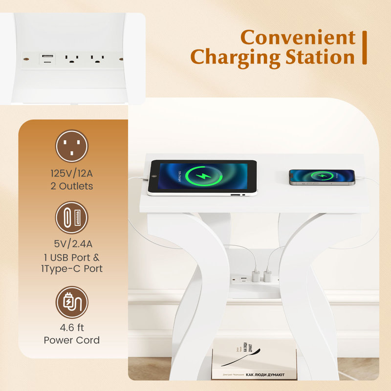 End Tables w/Charging Station Set of 2 3-Tier Side Tables w/USB Ports & Outlets, White