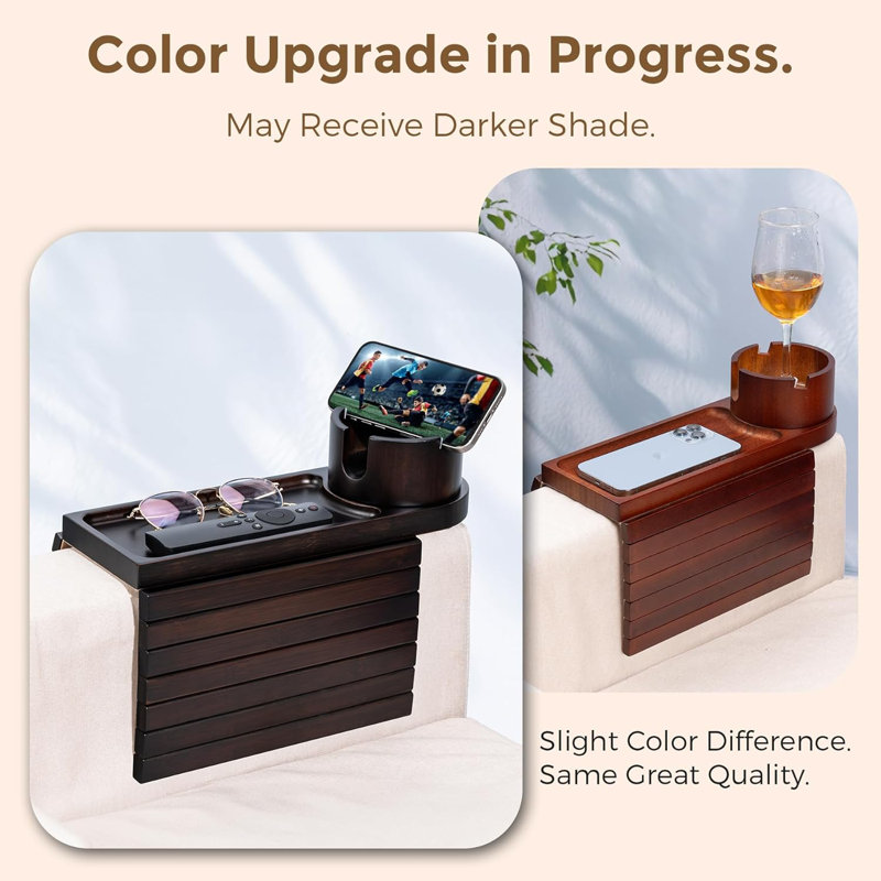 3 in 1 Foldable Sofa Arm Tray Table for Remote, Snacks, Bamboo, 15.75"W x 13"D x 0.4"H