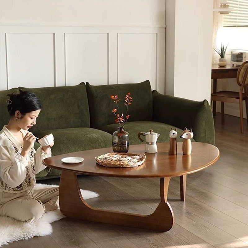  Table basse irrégulière avec plateau en verre et base en bois massif, Walnut
