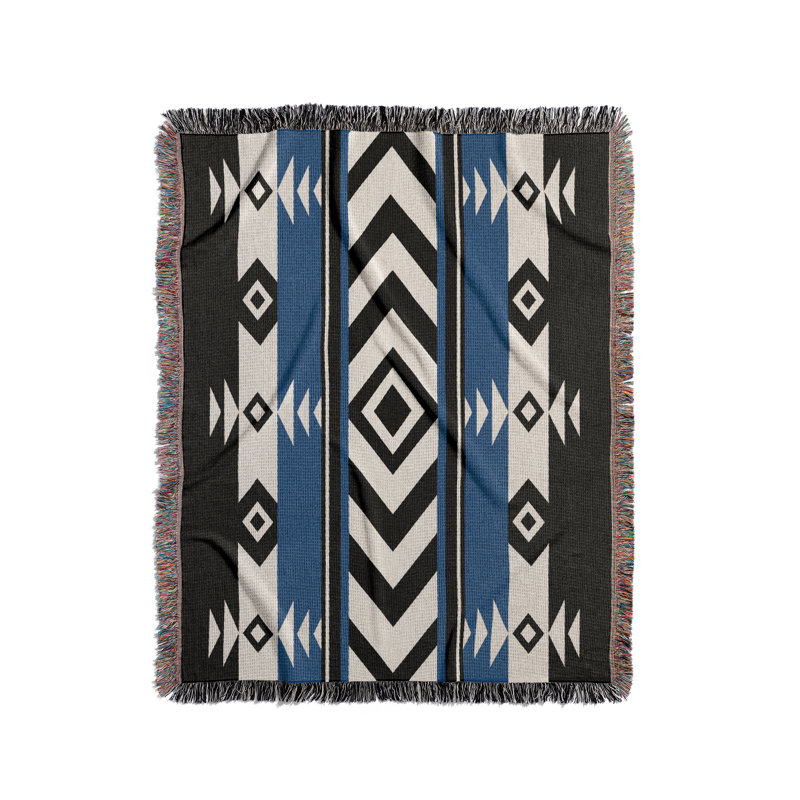 Couverture en mélange de coton Fika South Western, L 60 po x l 60 po, Bleu / noir / blanc cassé