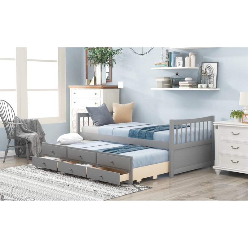 Lit de jour double gris polyvalent avec lit gigogne et tiroirs de rangement pratiques pour une salle d'étude confortable