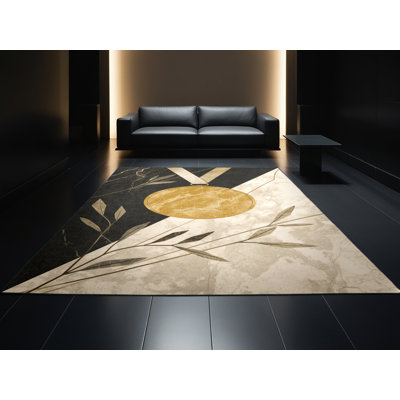 Machine Washable Takengon Gold Medal Posh & Luxe Marble Rug in Beige – Black Binding