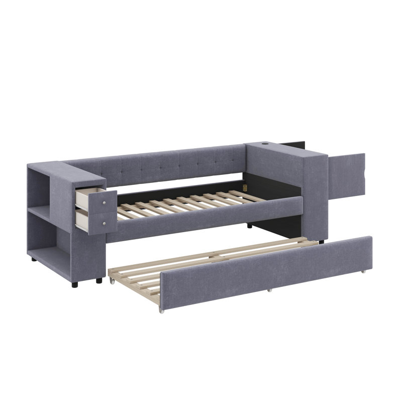 Lit simple tapissier avec lit gigogne pour un espace de sommeil supplémentaire, Gris