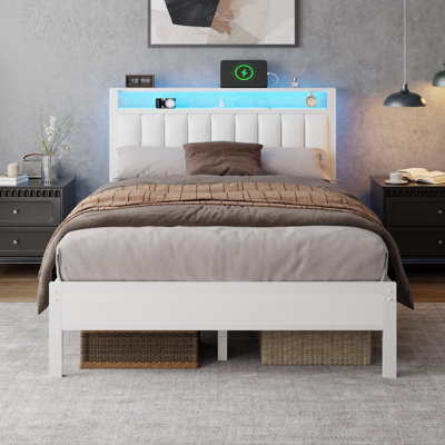 Upholstered Headboard with LED Lights, Charging Station, Sturdy Metal Slat Support, No Box Spring Needed