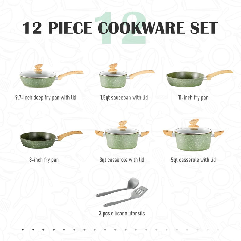 Pots and Pans Set Non Stick, 12 Piece Green Granite Kitchen Cookware Induction Compatible