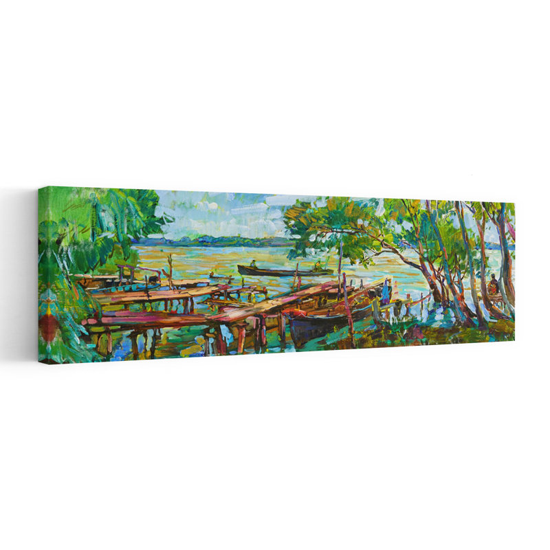 «Peaceful Lake Docks», art mural paysage côtier abstrait, H 48 po x l 16 po